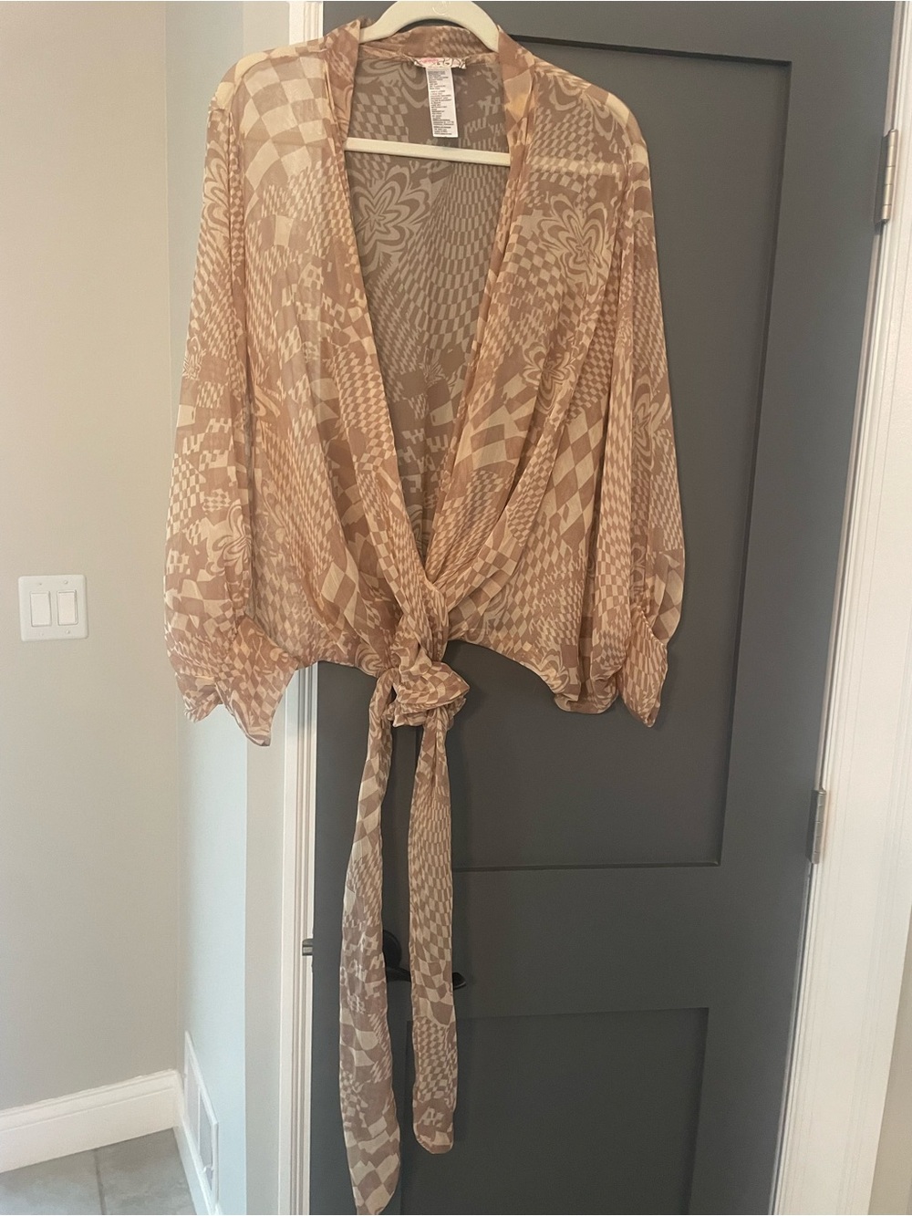 Free People Sheer Printed Tie-Front Blouse in Beige and Gray